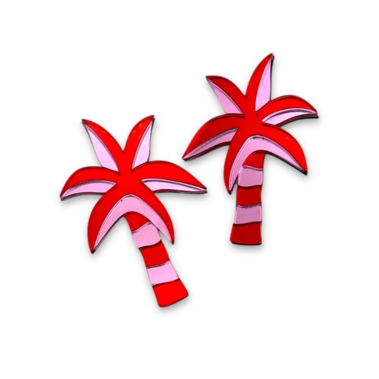 Pink Palms – Mirror plexiglass palm earrings in pink and red