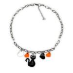 Black Cat Charm  – Cat & Plexiglass Hearts on Stainless Steel Chain Necklace