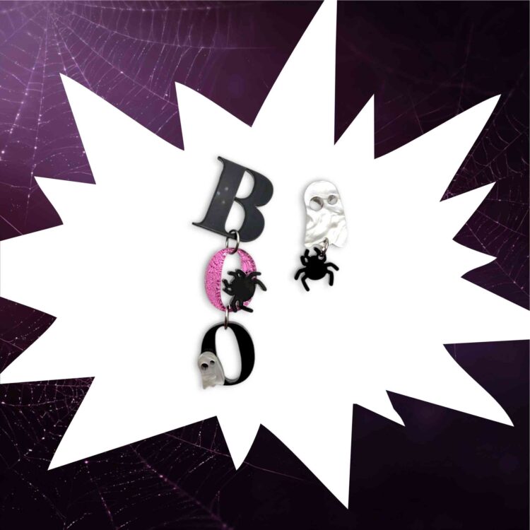 Boo! | Plexiglass Halloween Asymmetrical Earrings with Ghost & Spider