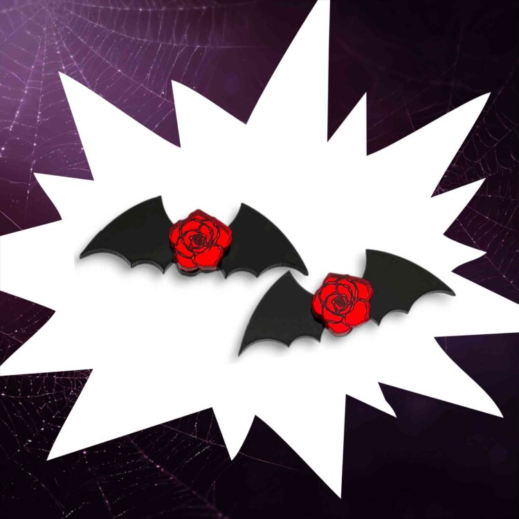 Bat & Rose | Plexiglass Gothic Bat Earrings with Red Rose