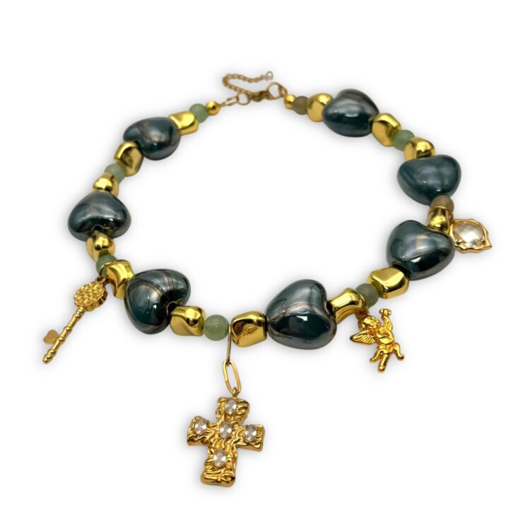 Κολιέ Crossed Desire με κεραμικές και γυάλινες χάντρες, charms και ζιργκόν FunkDaQueen