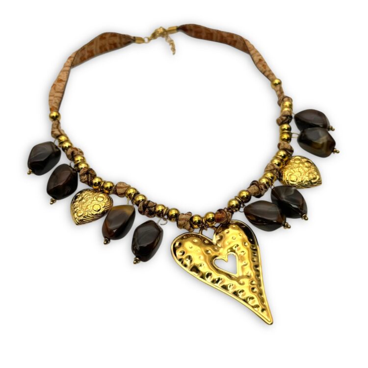 Bronzea Heart – Κολιέ από Ύφασμα, Ατσάλι & Πέτρες FunkDaQueen