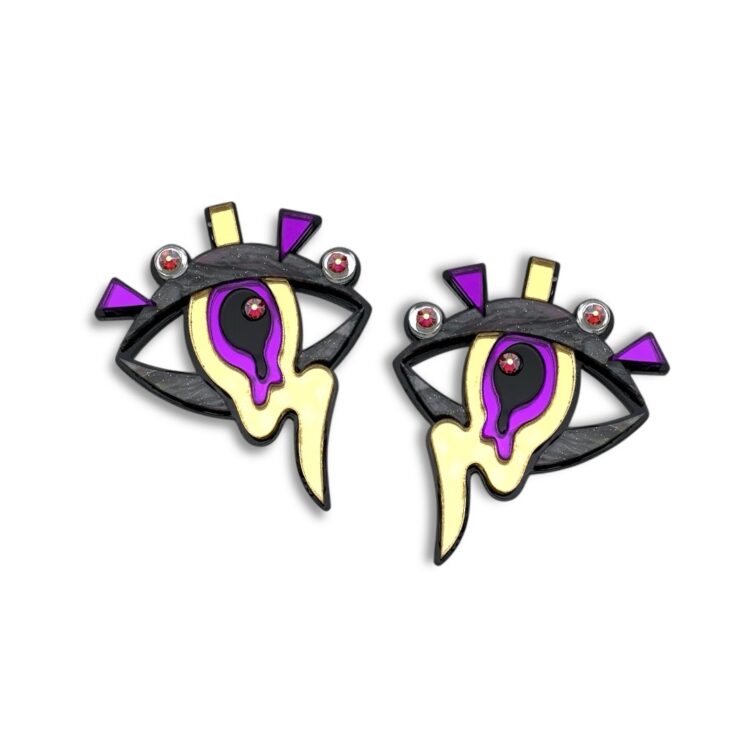 Σκουλαρίκια plexiglass Sacred Eye με Swarovski σε χρυσό, μαύρο και μωβ FunkDaQueen