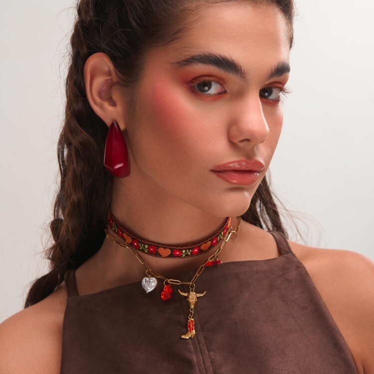 Detail of Red Matter resin earrings in deep red – FunkDaQueen