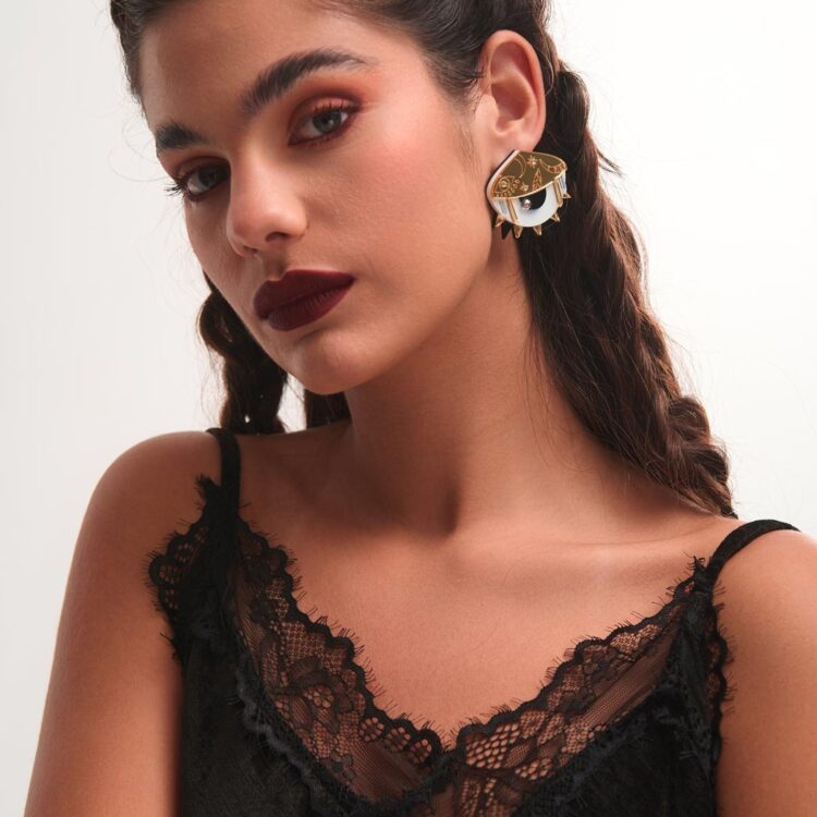 FunkDaQueen σκουλαρίκια μάτι plexiglass gold mirror με cosmic chic ύφος