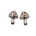 silver mushroom stainless steel stud earrings with red rhinestones