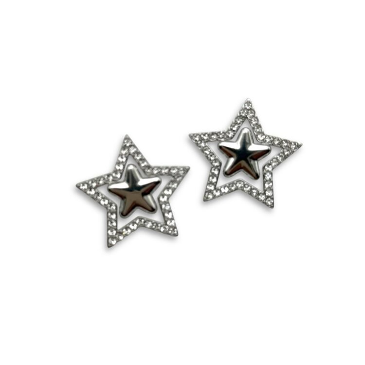stras star silver – ατσάλινα σκουλαρίκια με strass και διπλό αστέρι
