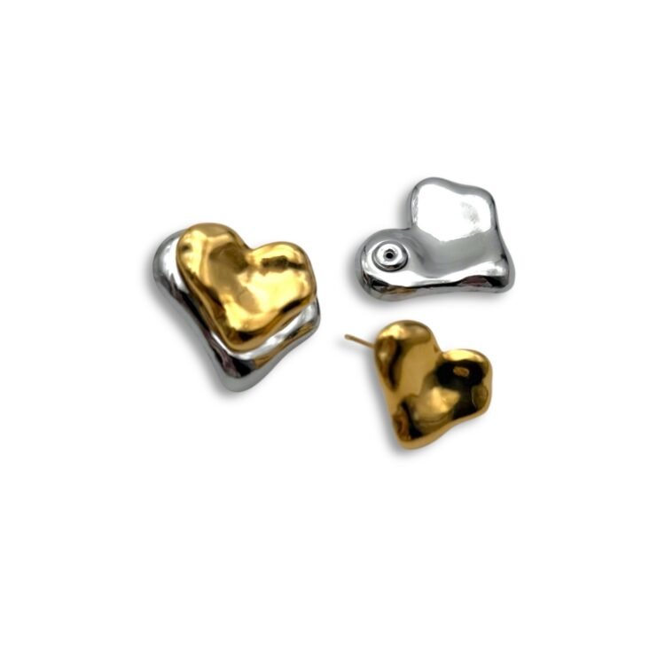 Two-tone heart earrings in gold and silver stainless steel