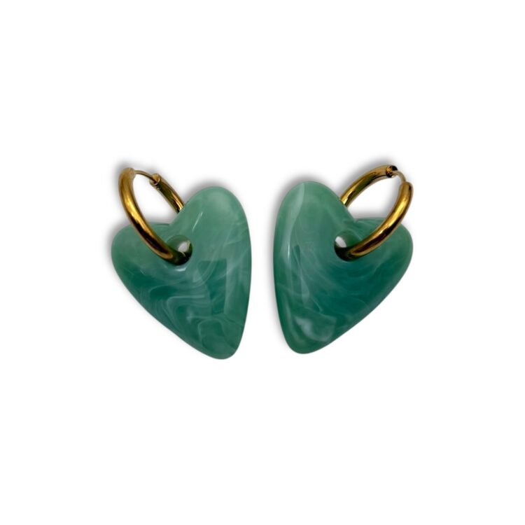 Σκουλαρίκια καρδιά με πράσινη marble πέτρα Heart Mode Green