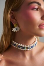 Calypso Pearl Choker pearl and millefiori glass bead necklace worn on model