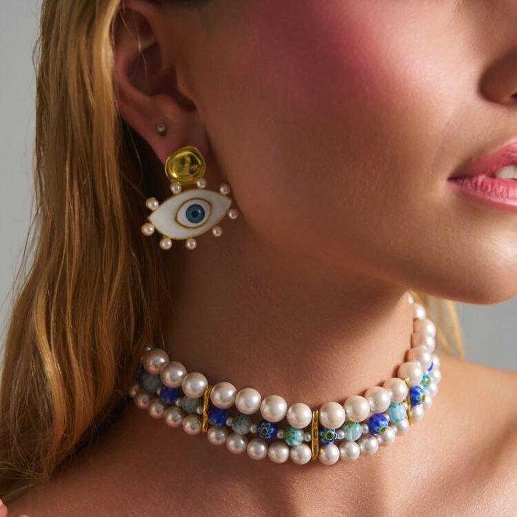 Calypso Pearl Choker pearl and millefiori glass bead necklace worn on model