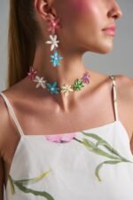 Ophelia Necklace pastel floral plexiglass necklace worn on model with colorful flower desig
