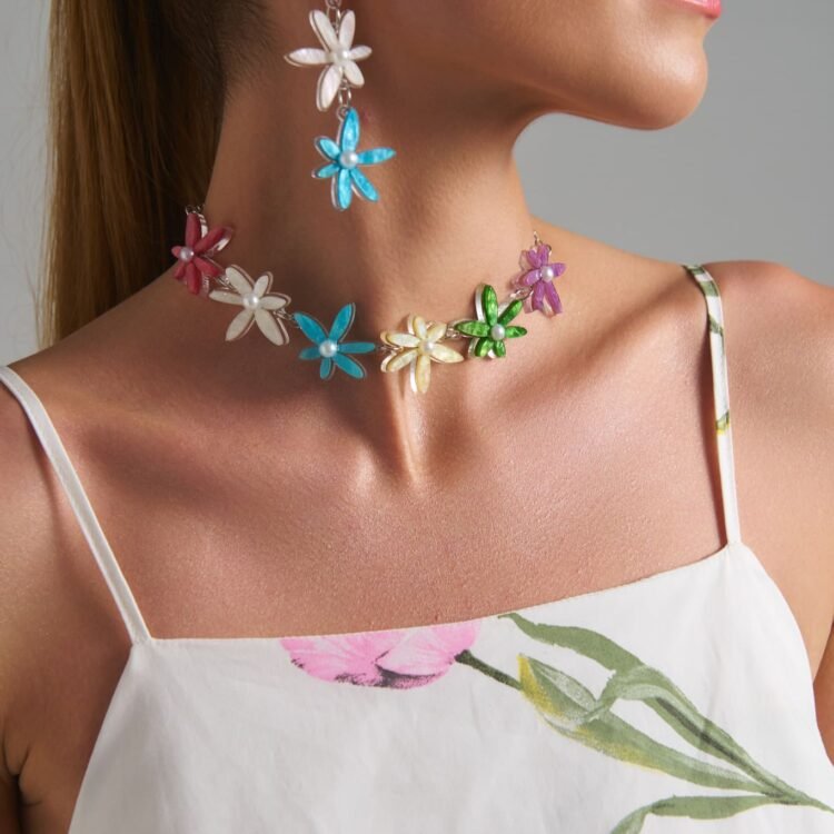 Ophelia Necklace pastel floral plexiglass necklace worn on model with colorful flower desig