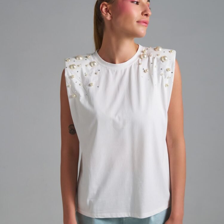 Pearl Glow Top λευκή μπλούζα με πέρλες