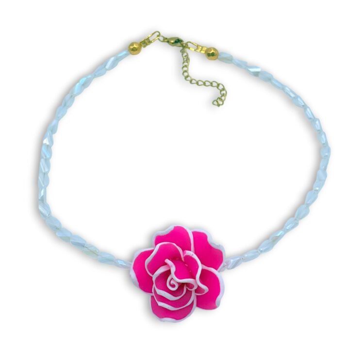 Dream Flower Choker με ροζ λουλούδι και crystal χάντρες