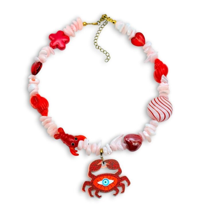 χειροποίητο κολιέ με καβούρι και μάτι Crab Crimson