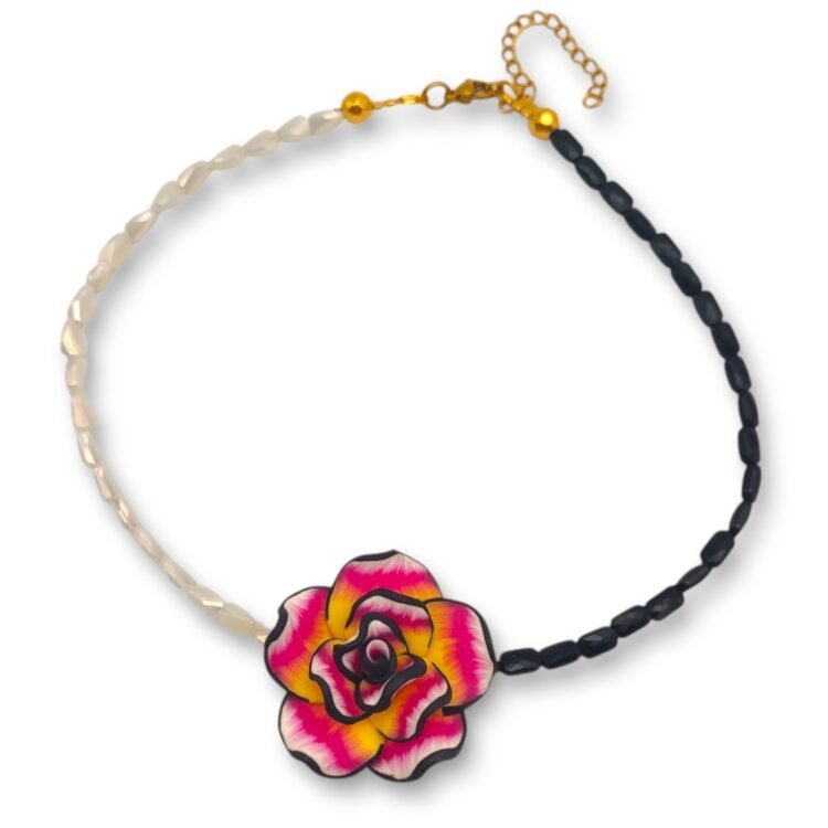 Dream Flower Black White Choker με χειροποίητο λουλούδι