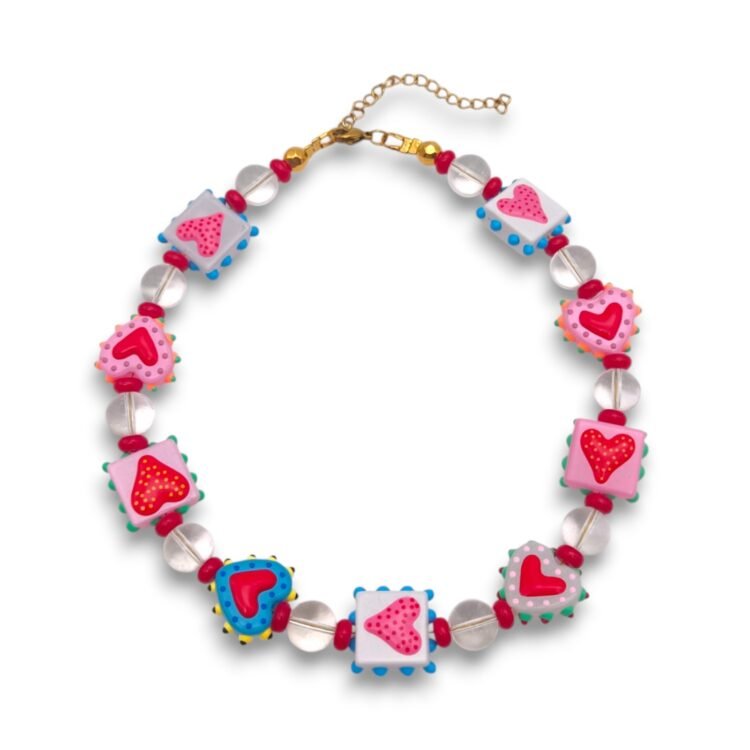 Handmade colorful heart necklace with glass beads