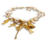 Freshwater pearl necklace with gold-plated charms