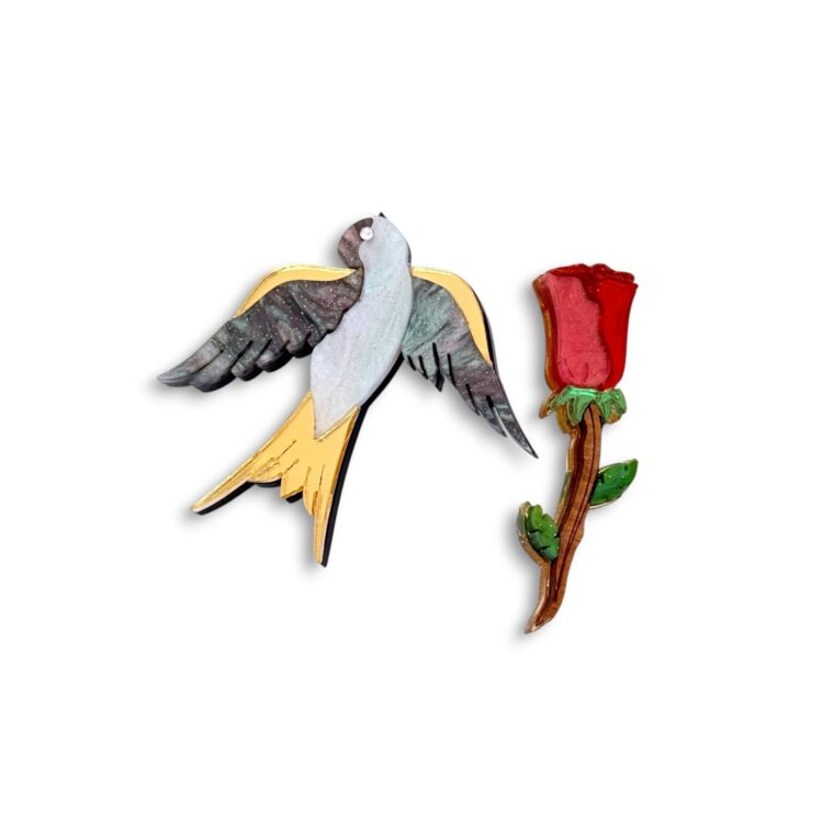 Handmade swallow and rose plexiglass earrings
