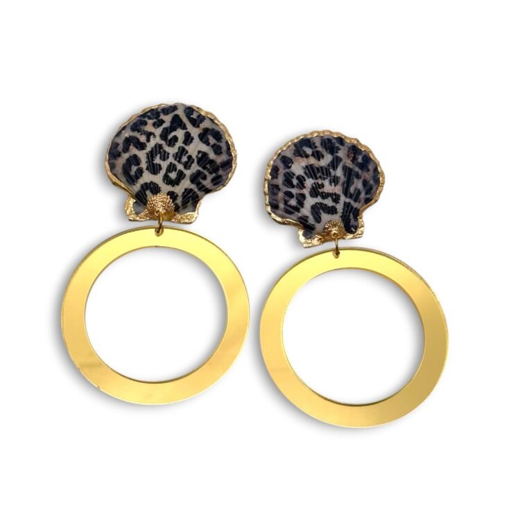 Leopard Shell Hoops χειροποίητα σκουλαρίκια με χρυσό καθρέφτη
