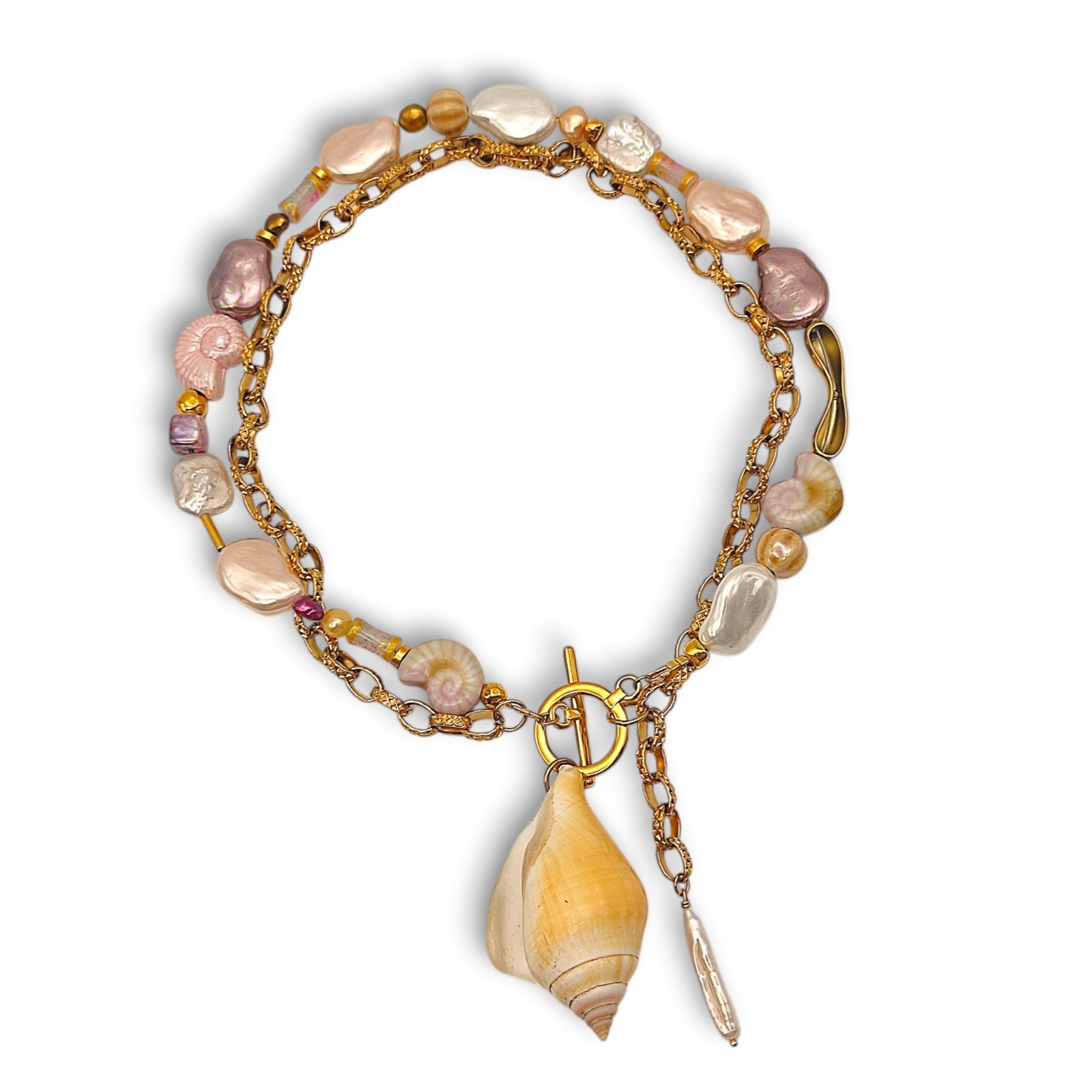 aphros-shell-pearl-necklace.jpg Aphros Shell Pearl Necklace with natural shell and freshwater pearls