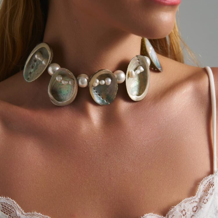 Narcissa Pearl Shell Choker worn by model
