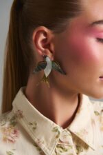 Asymmetrical swallow and red rose earrings