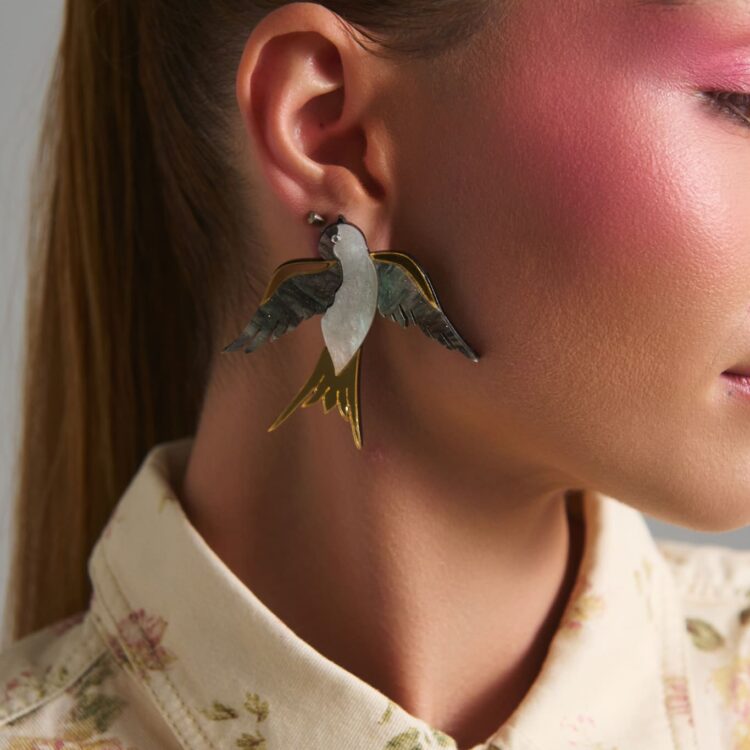 Asymmetrical swallow and red rose earrings