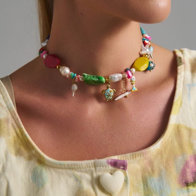 Tropical Treasure Necklace with colorful stones and ocean charms