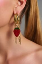 Handmade strawberry earrings with gold chains