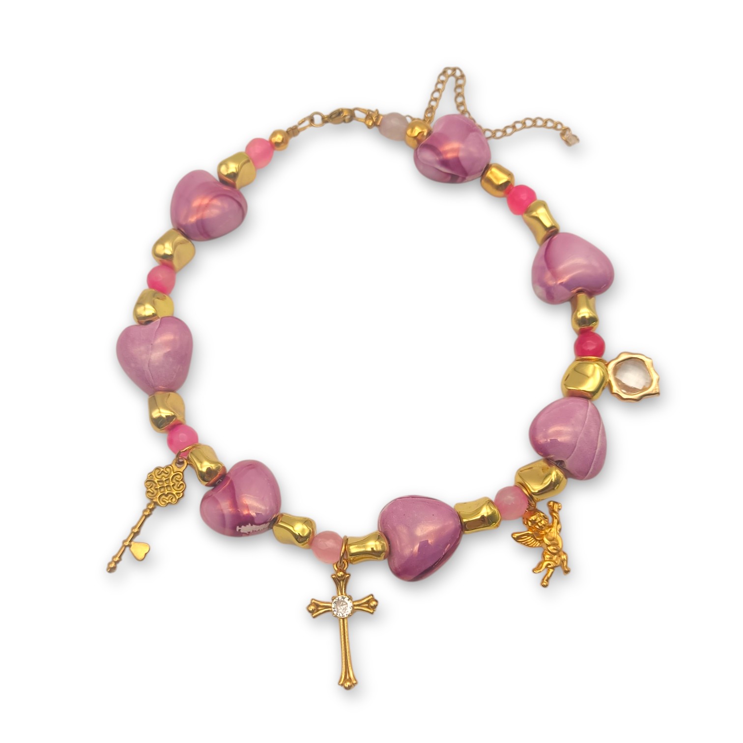 Crossed Desire Pink – Handmade Charm Necklace with Glass Hearts Crossed Desire Pink handmade charm necklace.