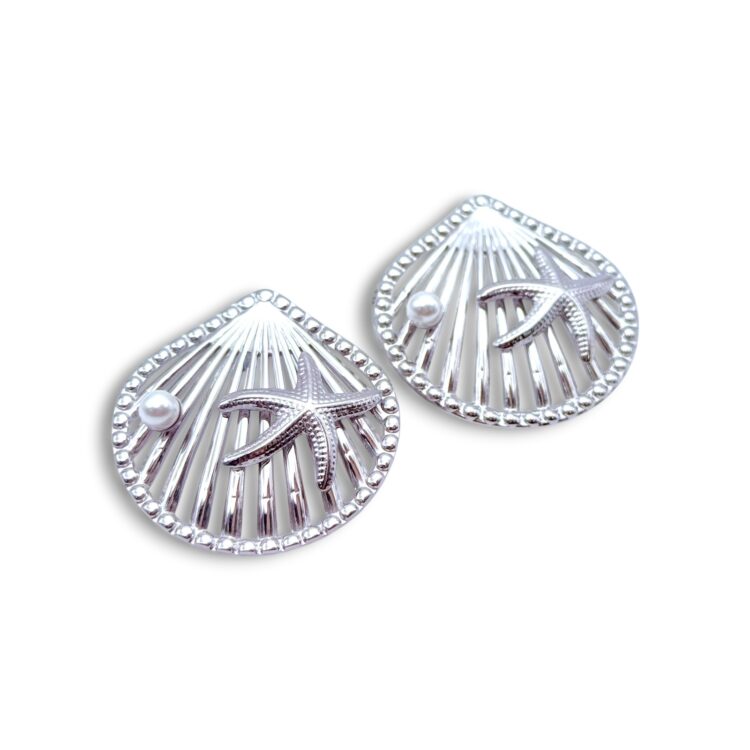 Silver stainless steel shell earrings with starfish and pearl.
