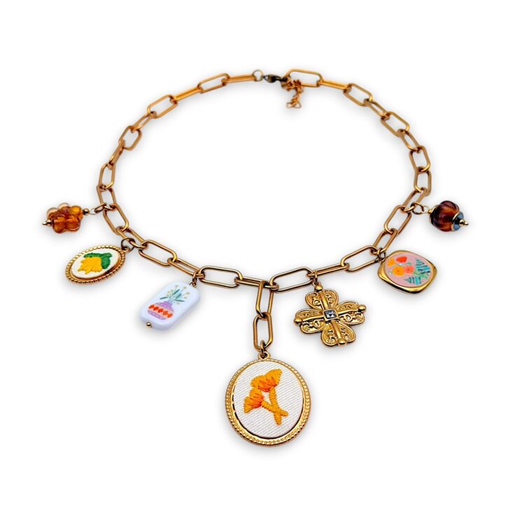 Stitched Memories Necklace handmade embroidered charm necklace.