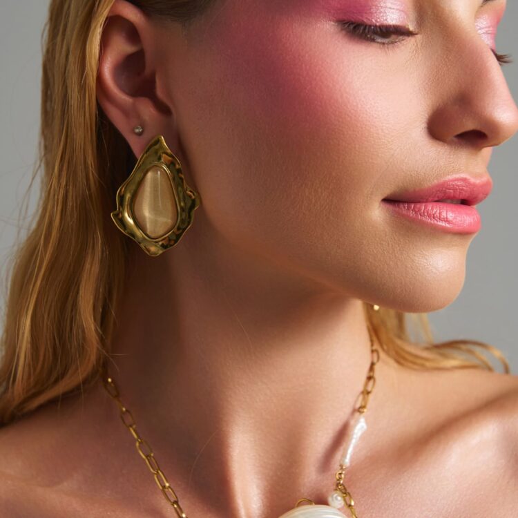Sandy Stone stainless steel statement earrings with Cat Eye stone.