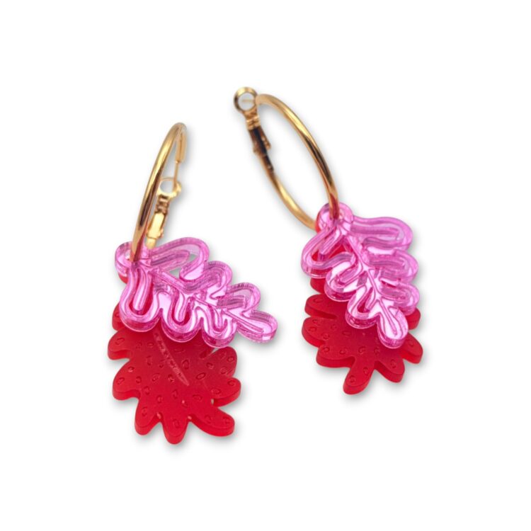 Abstract leaf hoop earrings in transparent pink and vibrant red plexiglass