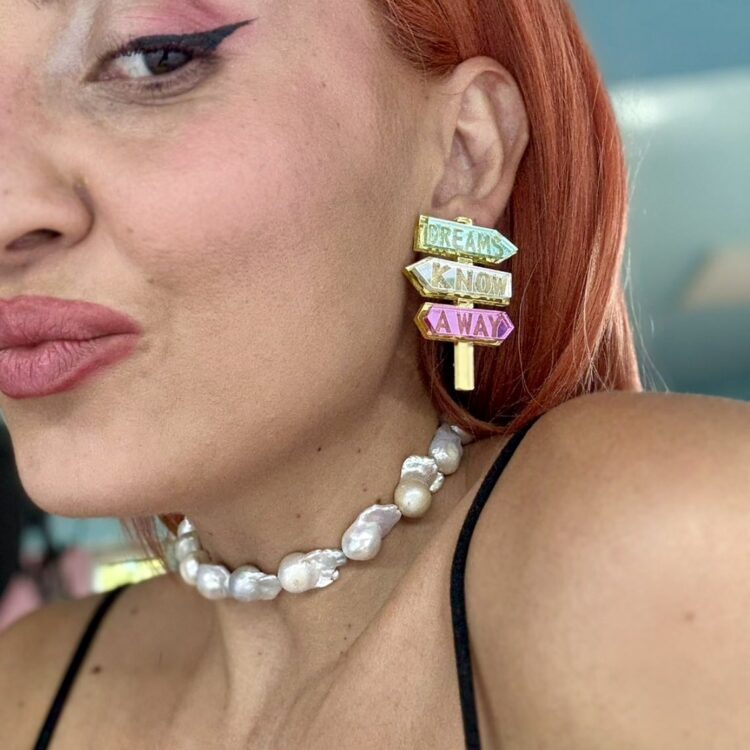 Dream Direction handmade plexiglass earrings with colourful Dreams Know A Way directional signs