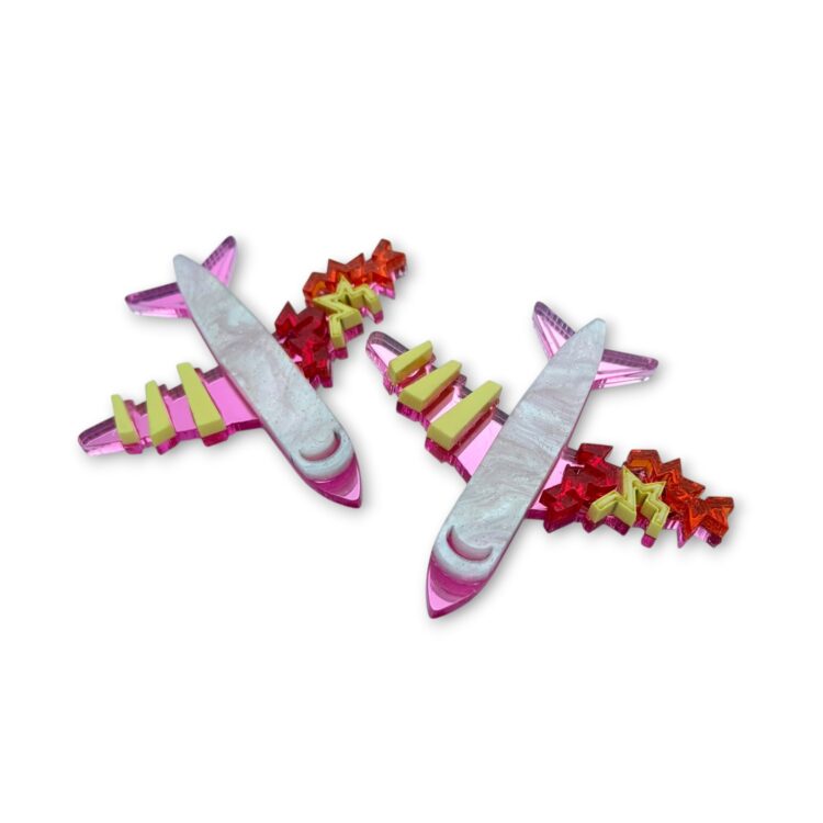 Handmade Dream Flight airplane earrings in pink mirror plexiglass
