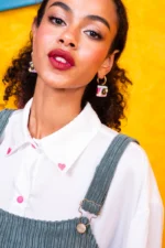 Retro Camera handmade plexiglass camera earrings in pink and turquoise with gold-tone hoops