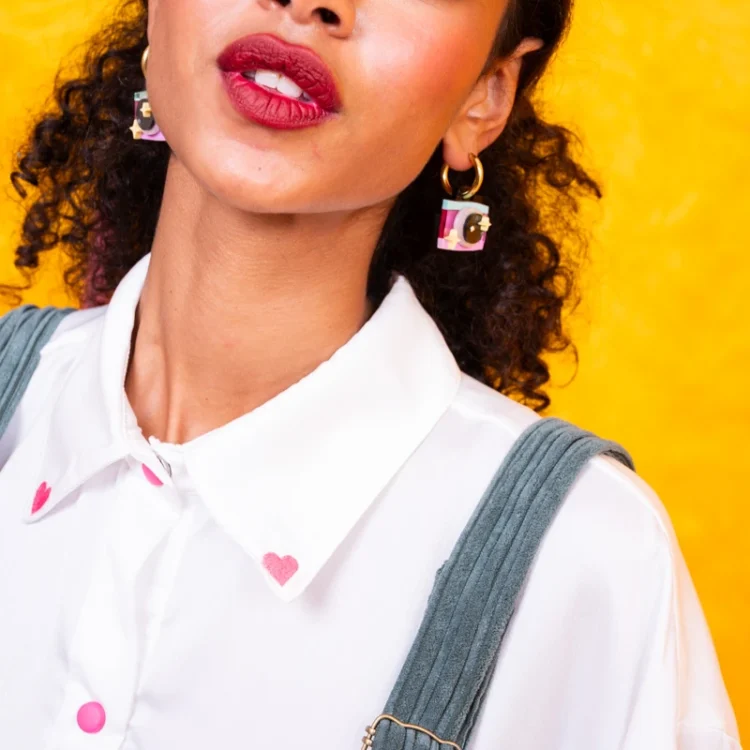 Retro Camera handmade plexiglass camera earrings in pink and turquoise with gold-tone hoops
