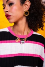 Retro Camera Necklace handmade charm necklace with pink plexiglass camera and textured gold-tone chain