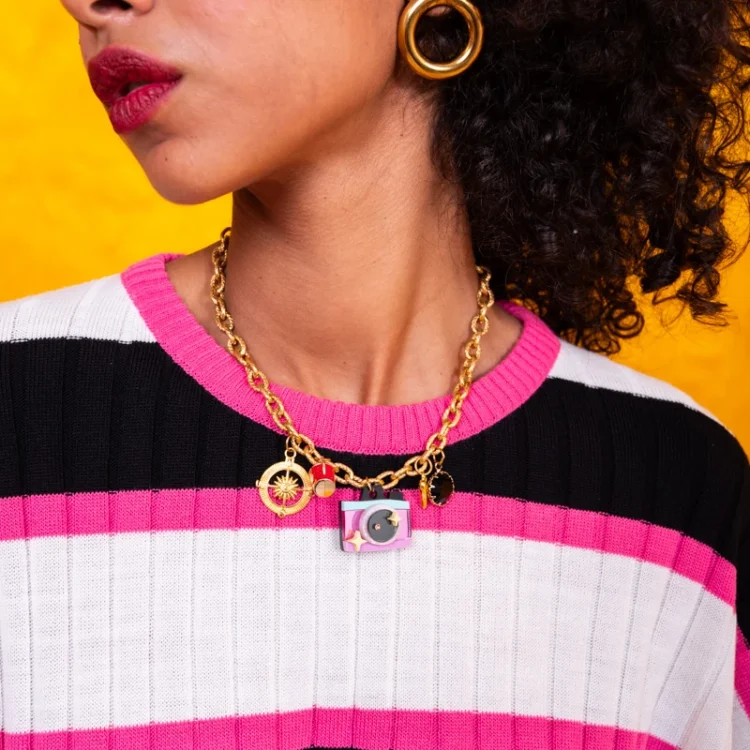 Retro Camera Necklace handmade charm necklace with pink plexiglass camera and textured gold-tone chain