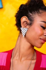 Polka Muse handmade geometric earrings in white marbled plexiglass with black polka dot details