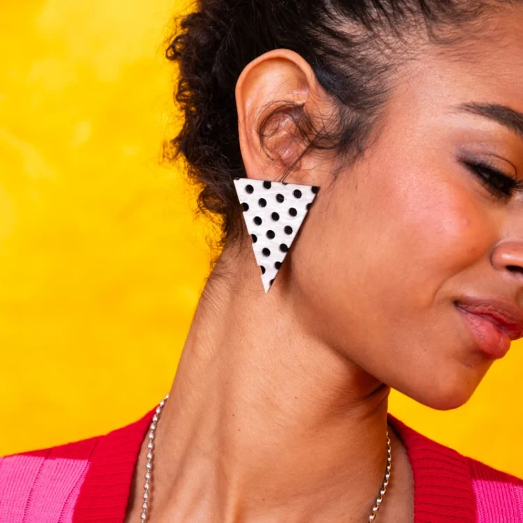 Polka Muse handmade geometric earrings in white marbled plexiglass with black polka dot details